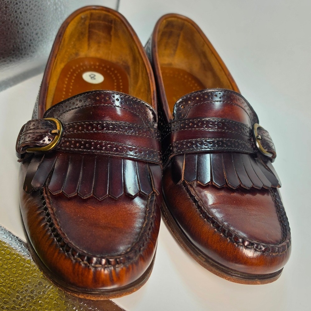 Cole Haan Mens Burgundy Leather Kiltie Monk Strap Wingtip Loafers Made in USA 8 - Picture 8 of 11